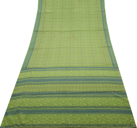 Sushila Vintage Green Indian Saree Blend Crepe Silk Printed Floral Soft Fabric