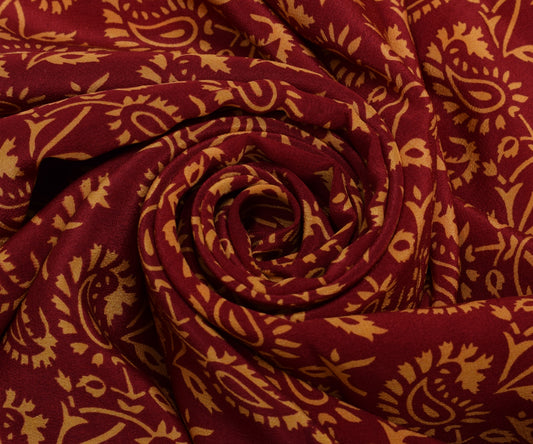 Sushila Vintage Maroon Saree 100% Pure Crepe Silk Printed Paisley Soft Fabric
