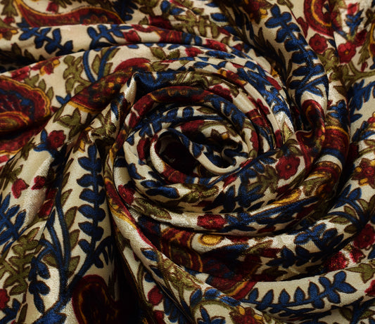 Sushila Vintage Cream Saree Blend Crepe Silk Printed Floral Soft 5 Yard Fabric