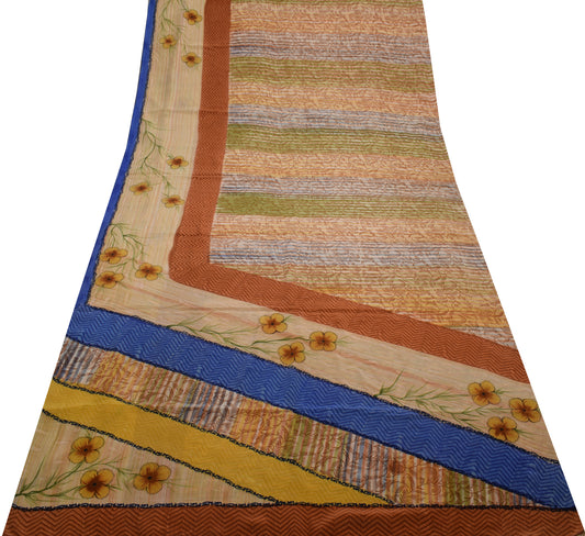 Sushila Vintage Indian Saree 100% Pure Crepe Silk Printed Floral Soft Fabric