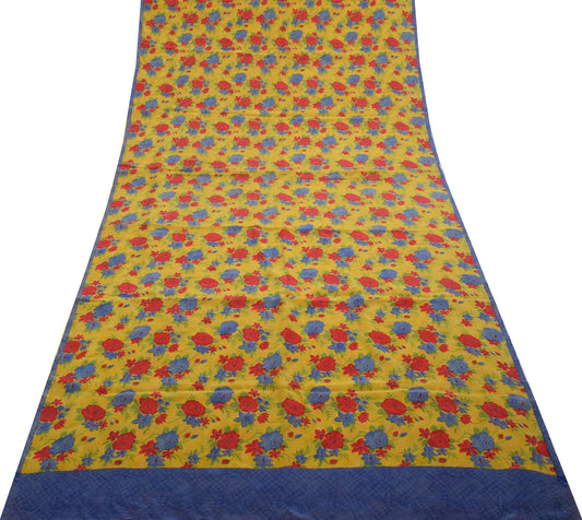 Sushila Vintage Yellow Saree 100% Pure Crepe Silk Printed Floral Soft Fabric