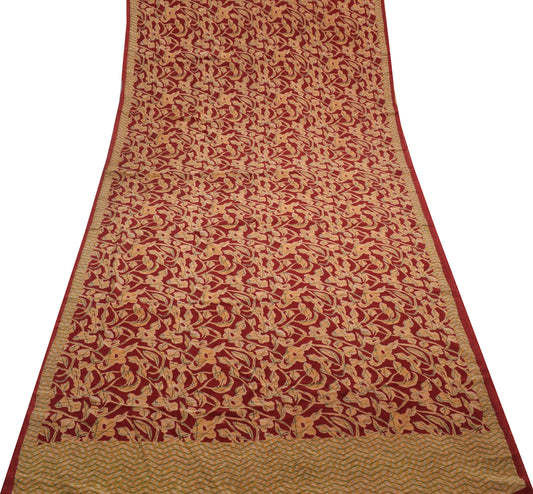 Sushila Vintage Red Indian Saree 100% Pure Crepe Silk Printed Soft Craft Fabric