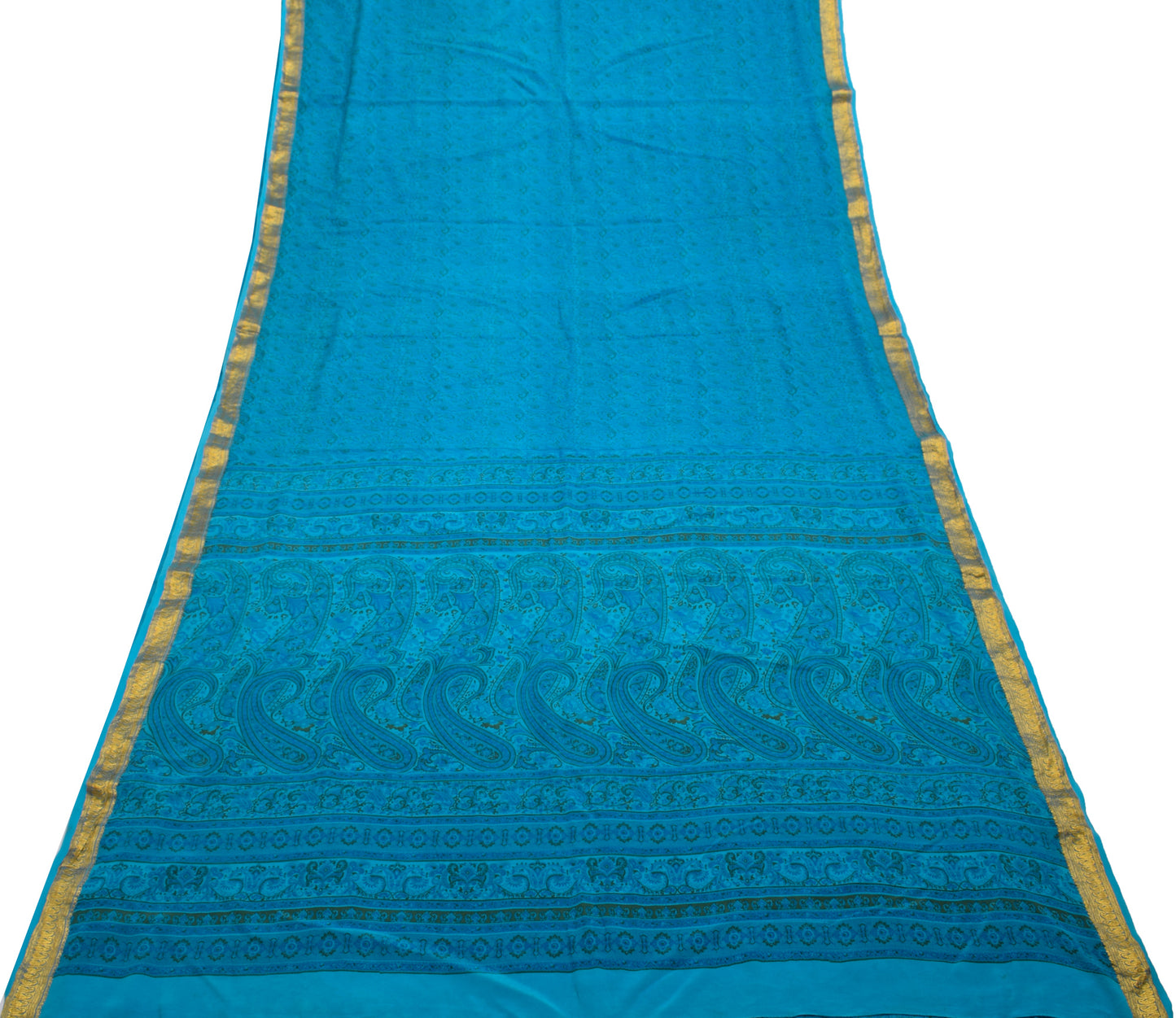 Sushila Vintage Aqua Blue Saree 100% Pure Crepe Silk Printed Paisley Soft Fabric