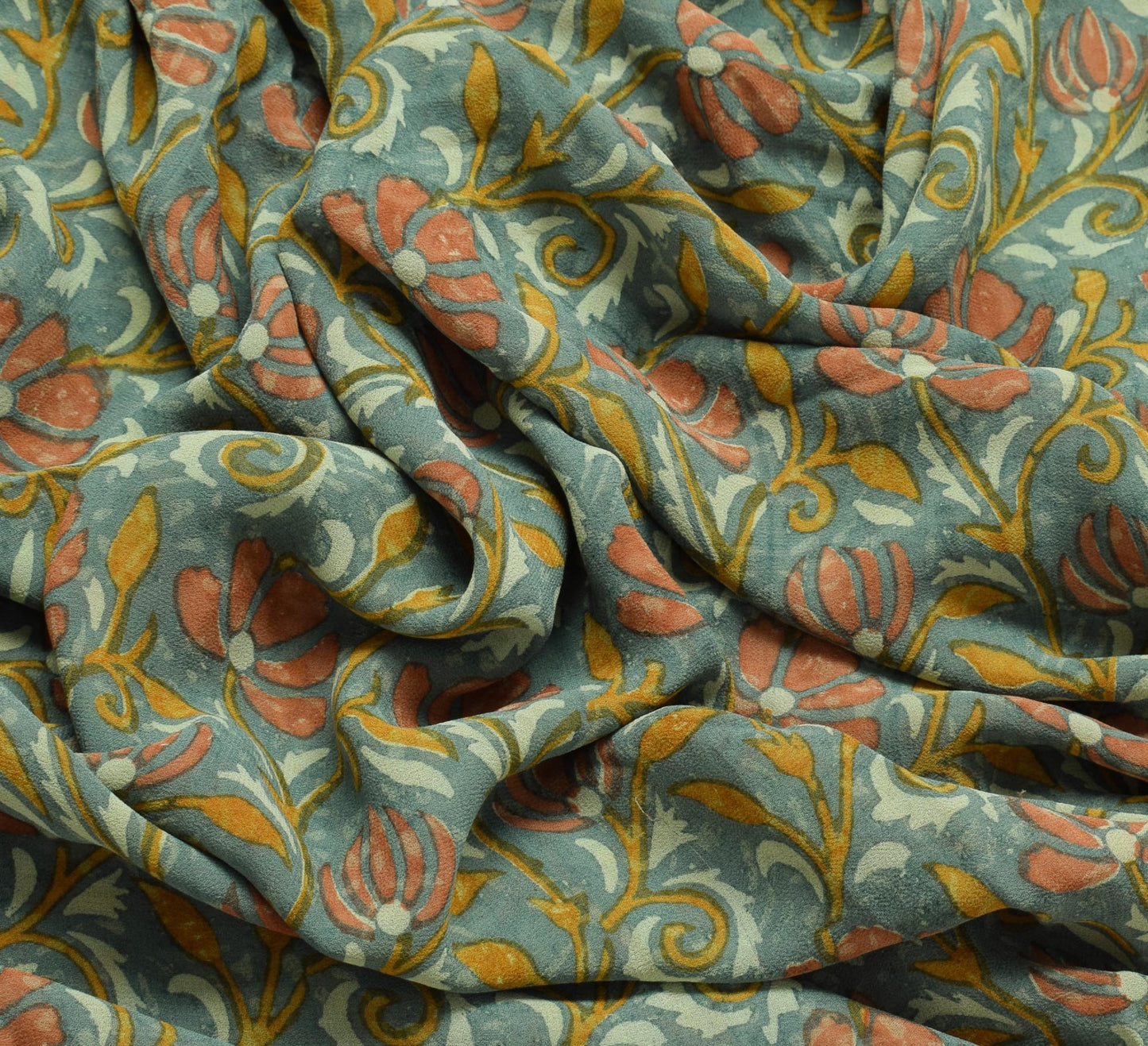 Sushila Vintage Gray Saree 100% Pure Georgette Silk Printed Floral Craft Fabric