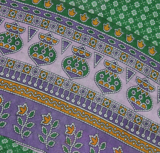 Sushila Vintage Green Saree 100% Pure Cotton Printed Floral Soft Craft Fabric