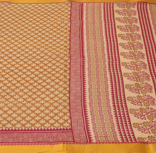 Sushila Vintage Mustard Saree 100% Pure Cotton Printed Floral 5 YD Craft Fabric