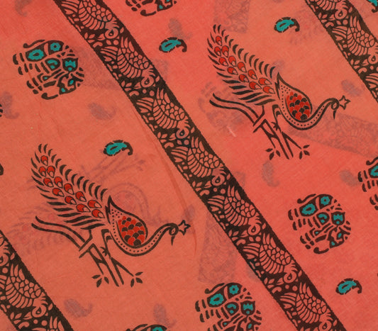 Sushila Vintage Cream Sari 100% Pure Cotton Printed Peacock 5 Yard Craft Fabric