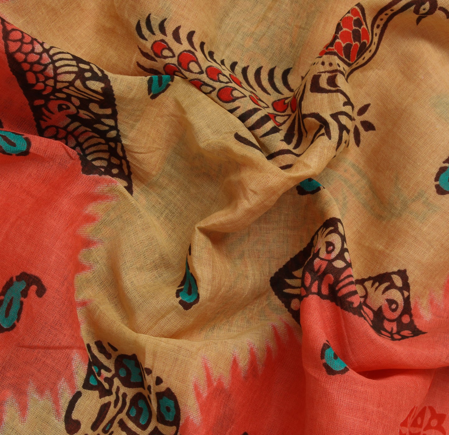 Sushila Vintage Cream Sari 100% Pure Cotton Printed Peacock 5 Yard Craft Fabric