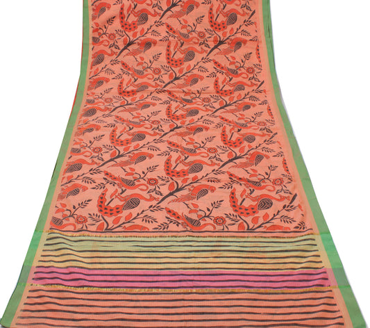 Sushila Vintage Peach Saree 100% Pure Cotton Printed Peacock 5 Yard Craft Fabric
