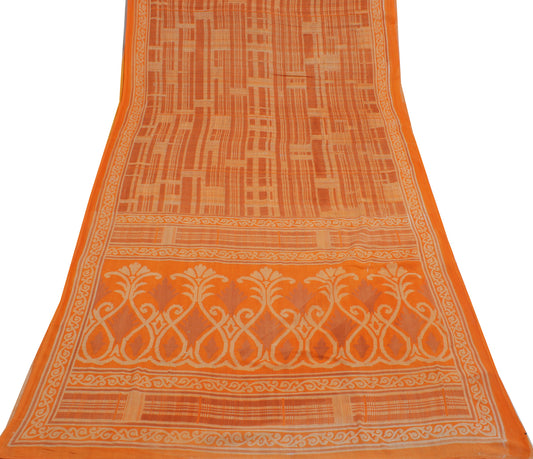 Sushila Vintage Orange Indian Saree 100% Pure Cotton Printed 5 Yard Craft Fabric