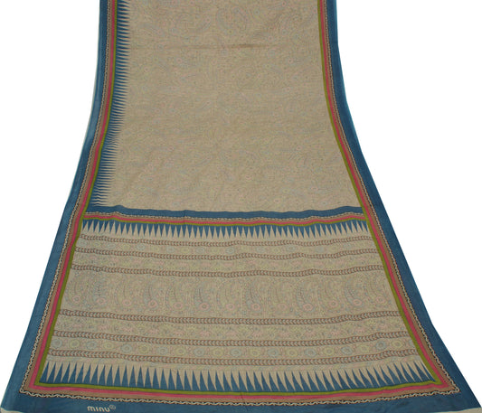 Sushila Vintage Cream Saree 100% Pure Cotton Printed Paisley Soft Craft Fabric