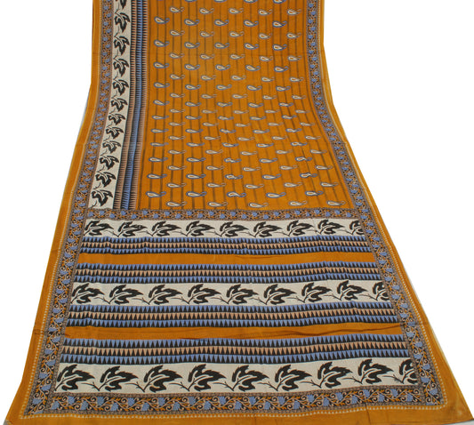 Sushila Vintage Mustard Saree 100% Pure Cotton Printed Paisley Craft Fabric