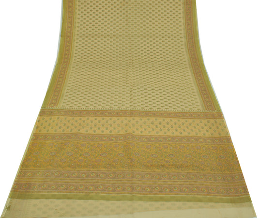 Sushila Vintage Cream Saree 100% Pure Cotton Printed Floral Sheer Craft Fabric