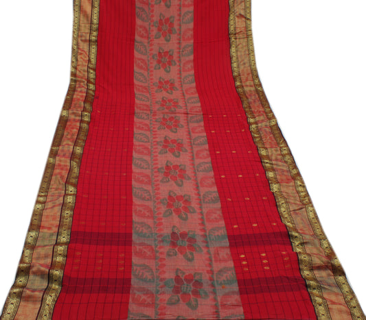 Sushila Vintage Red Indian Saree 100% Pure Cotton Woven Check Soft Craft Fabric