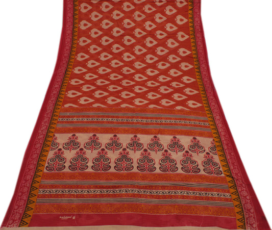 Sushila Vintage Red Saree 100% Pure Cotton Printed Floral Soft Craft Sari Fabric