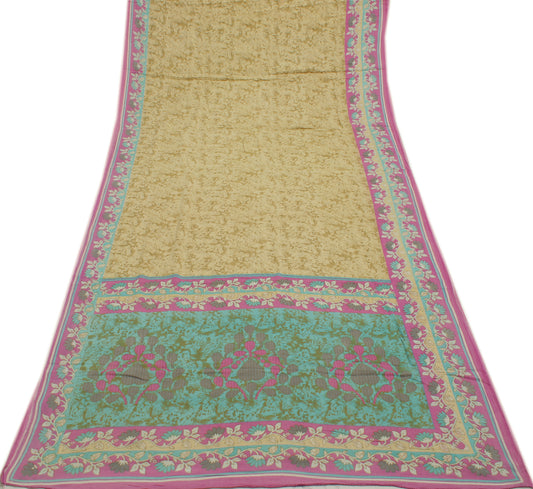 Sushila Vintage Cream Saree 100% Pure Cotton Printed Floral Soft Craft Fabric