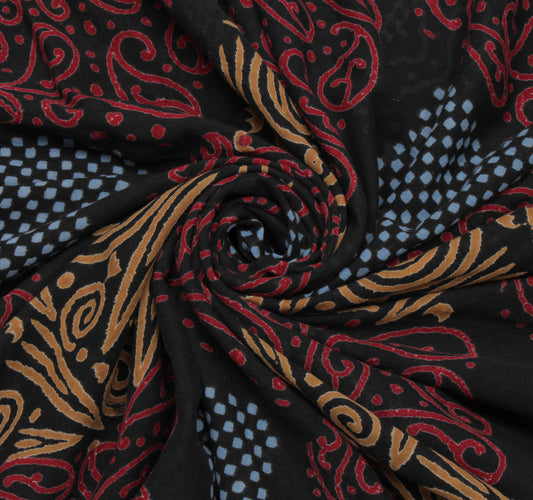 Sushila Vintage Black Indian Saree 100% Pure Cotton Printed Soft Craft Fabric