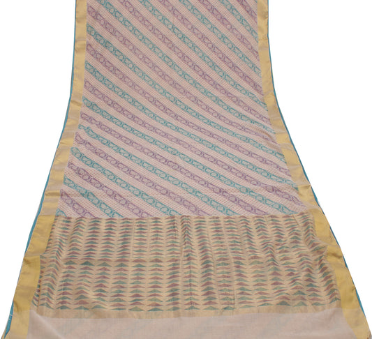 Sushila Vintage Cream Saree 100% Pure Cotton Printed Woven Soft Craft Fabric