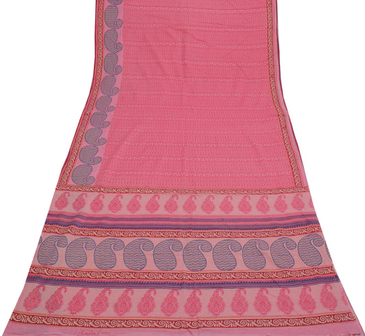 Sushila Vintage Pink Saree 100% Pure Cotton Printed Soft 5 Yard Craft Fabric