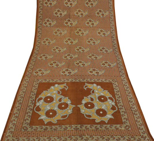 Sushila Vintage Brown Saree 100% Pure Cotton Printed Floral Soft Craft Fabric