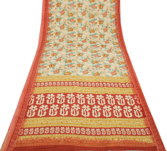 Sushila Vintage Cream Saree 100% Pure Cotton Printed Floral Soft Craft Fabric