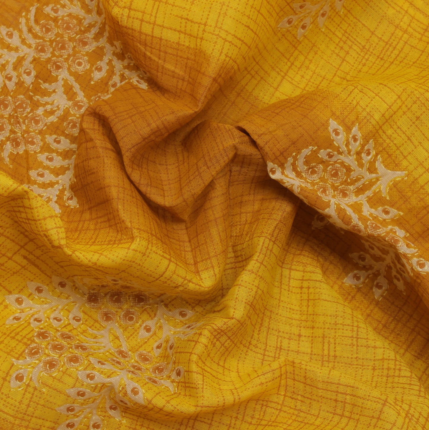 Sushila Vintage Mustard Saree 100% Pure Cotton Printed Floral Soft Craft Fabric