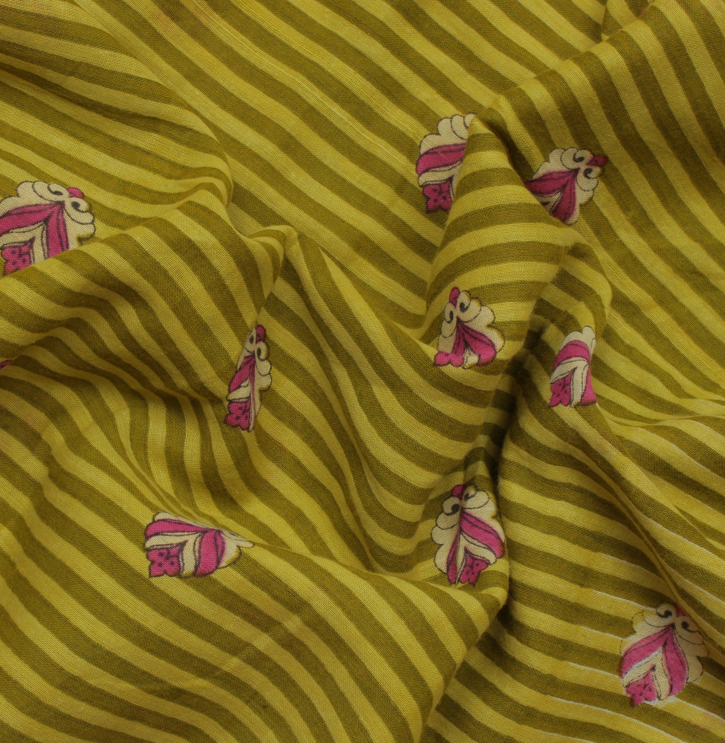 Sushila Vintage Green Saree 100% Pure Cotton Printed Stripes Soft Craft Fabric