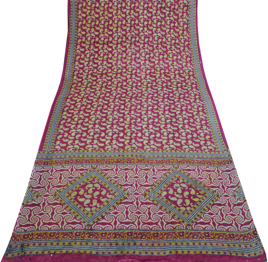 Sushila Vintage Purple Saree 100% Pure Cotton Printed Paisley Craft Sari Fabric