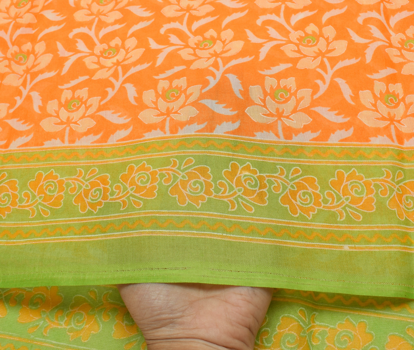 Sushila Vintage Orange Saree Blend Cotton Printed Floral Soft Craft 5 YD Fabric