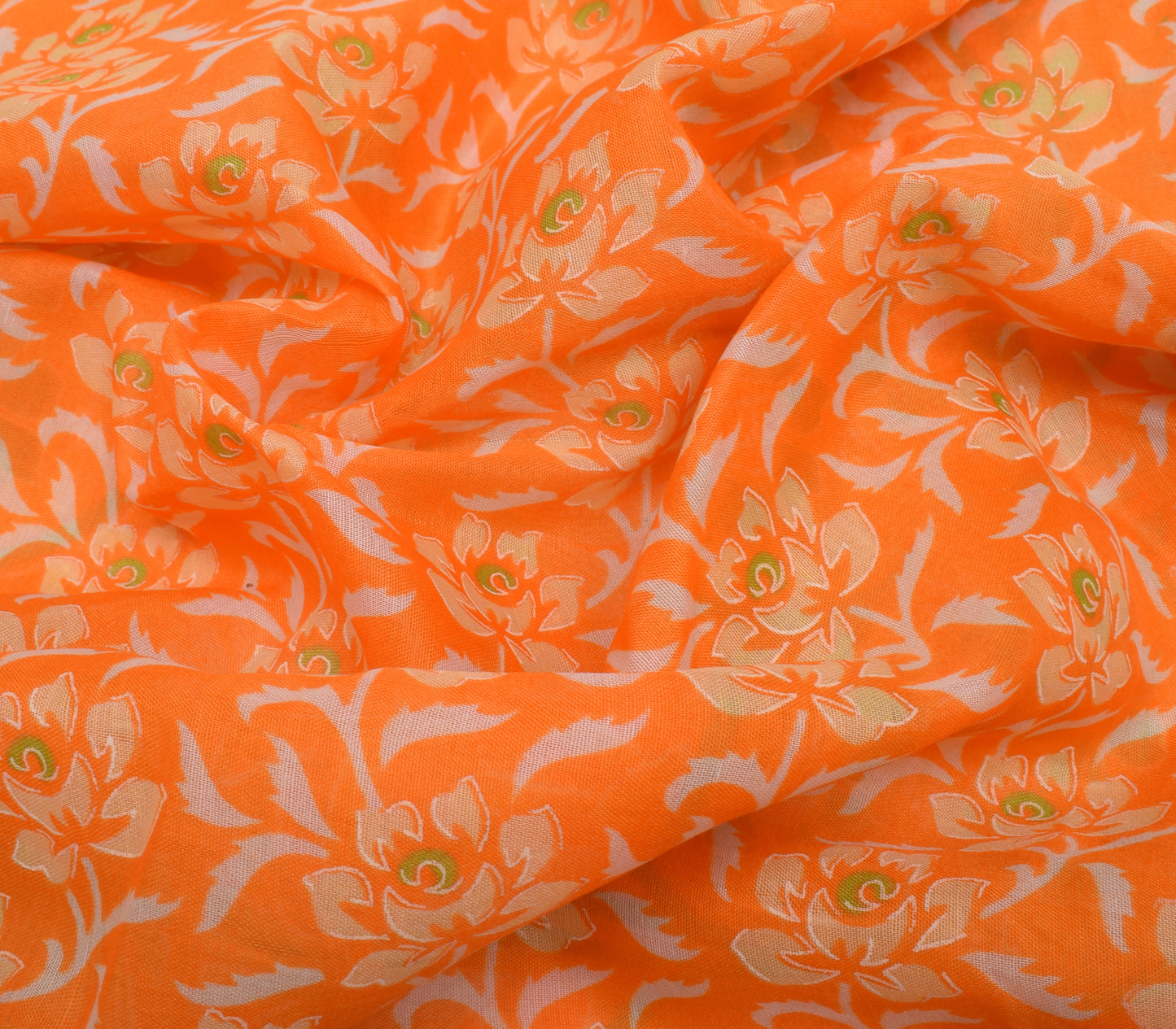 Sushila Vintage Orange Saree Blend Cotton Printed Floral Soft Craft 5 YD Fabric