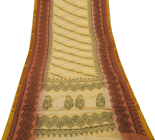 Sushila Vintage Cream Saree 100% Pure Cotton Printed Floral Craft 5 YD Fabric