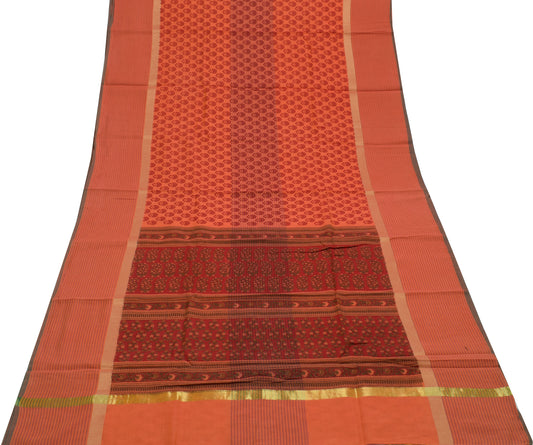 Sushila Vintage Peach Saree 100% Pure Cotton Printed Floral Soft Craft Fabric