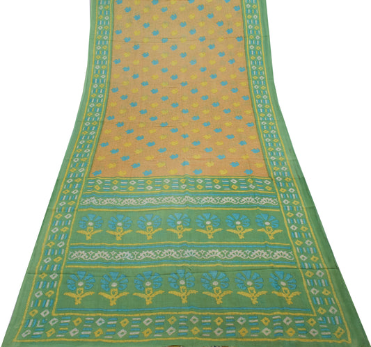Sushila Vintage Light Brown Saree 100% Pure Cotton Printed Soft Craft Fabric