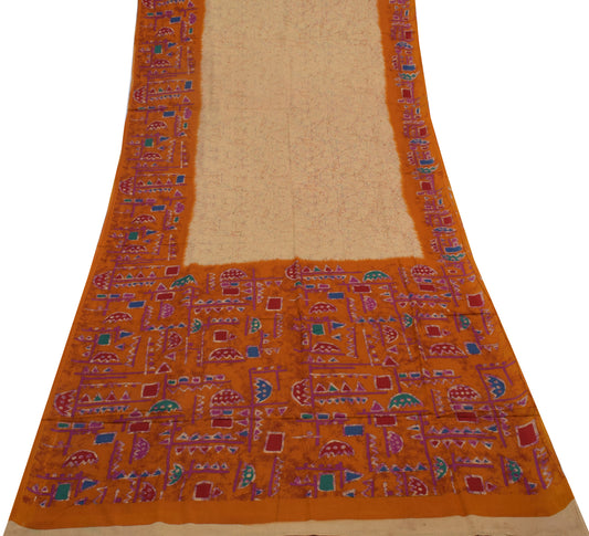 Sushila Vintage Light Brown Saree 100% Pure Cotton Printed Soft Craft Fabric