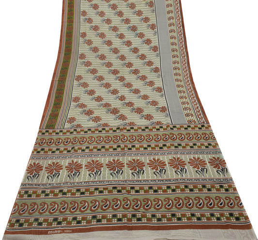 Sushila Vintage Cream Saree 100% Pure Cotton Printed Floral Soft Craft Fabric