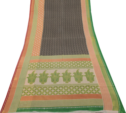 Sushila Vintage Indian Saree 100% Pure Cotton Printed Zig-Zag Soft Craft Fabric