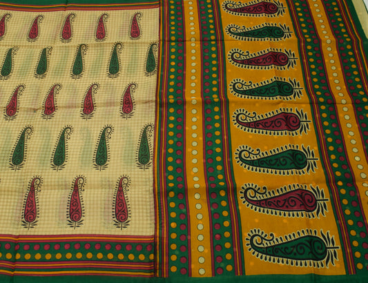 Sushila Vintage Cream Saree 100% Pure Cotton Printed Paisley Soft Craft Fabric