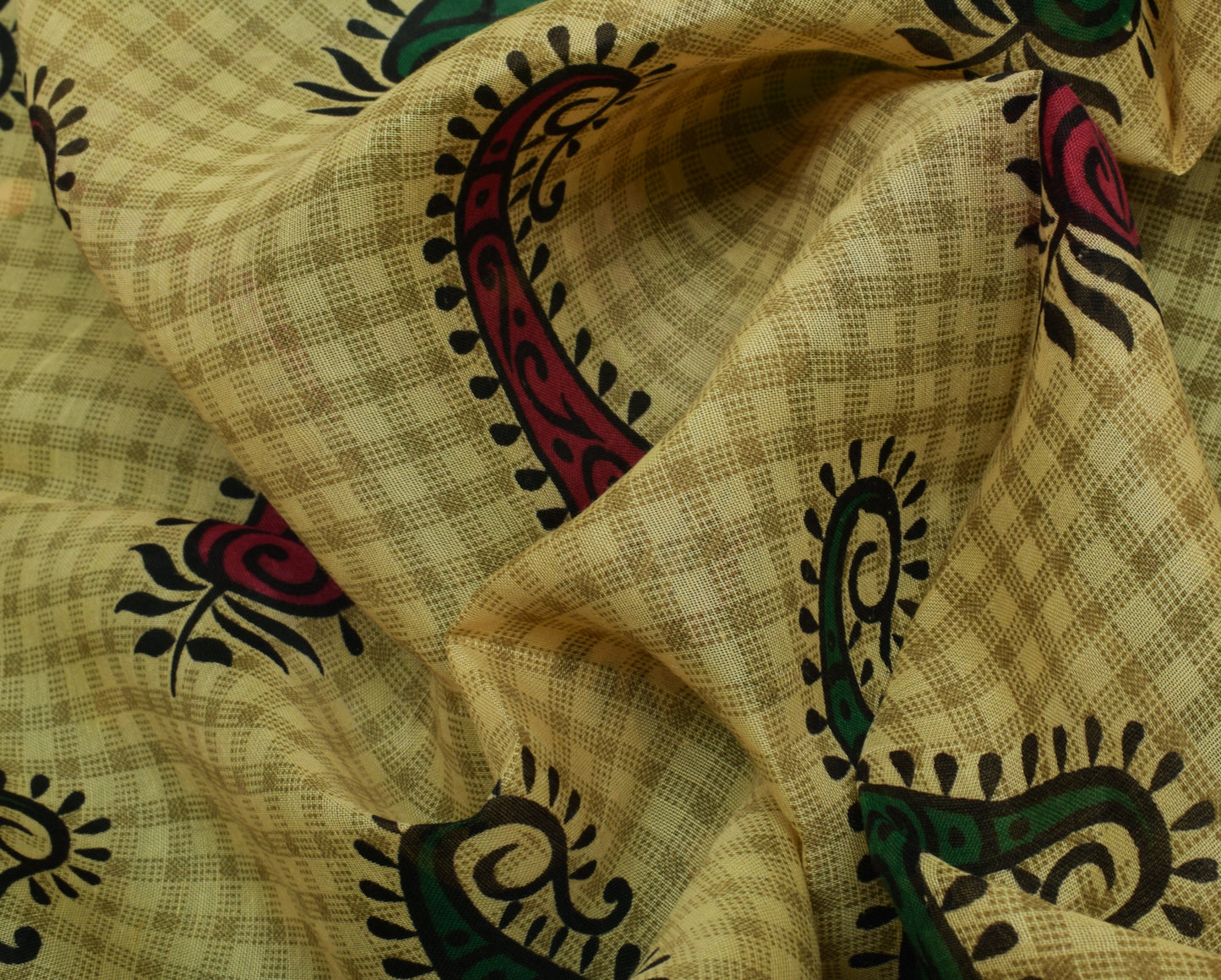 Sushila Vintage Cream Saree 100% Pure Cotton Printed Paisley Soft Craft Fabric