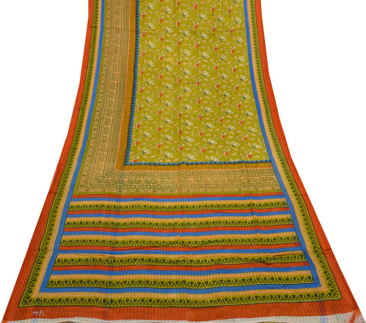 Sushila Vintage Green Saree 100% Pure Cotton Printed Birds Soft Craft Fabric