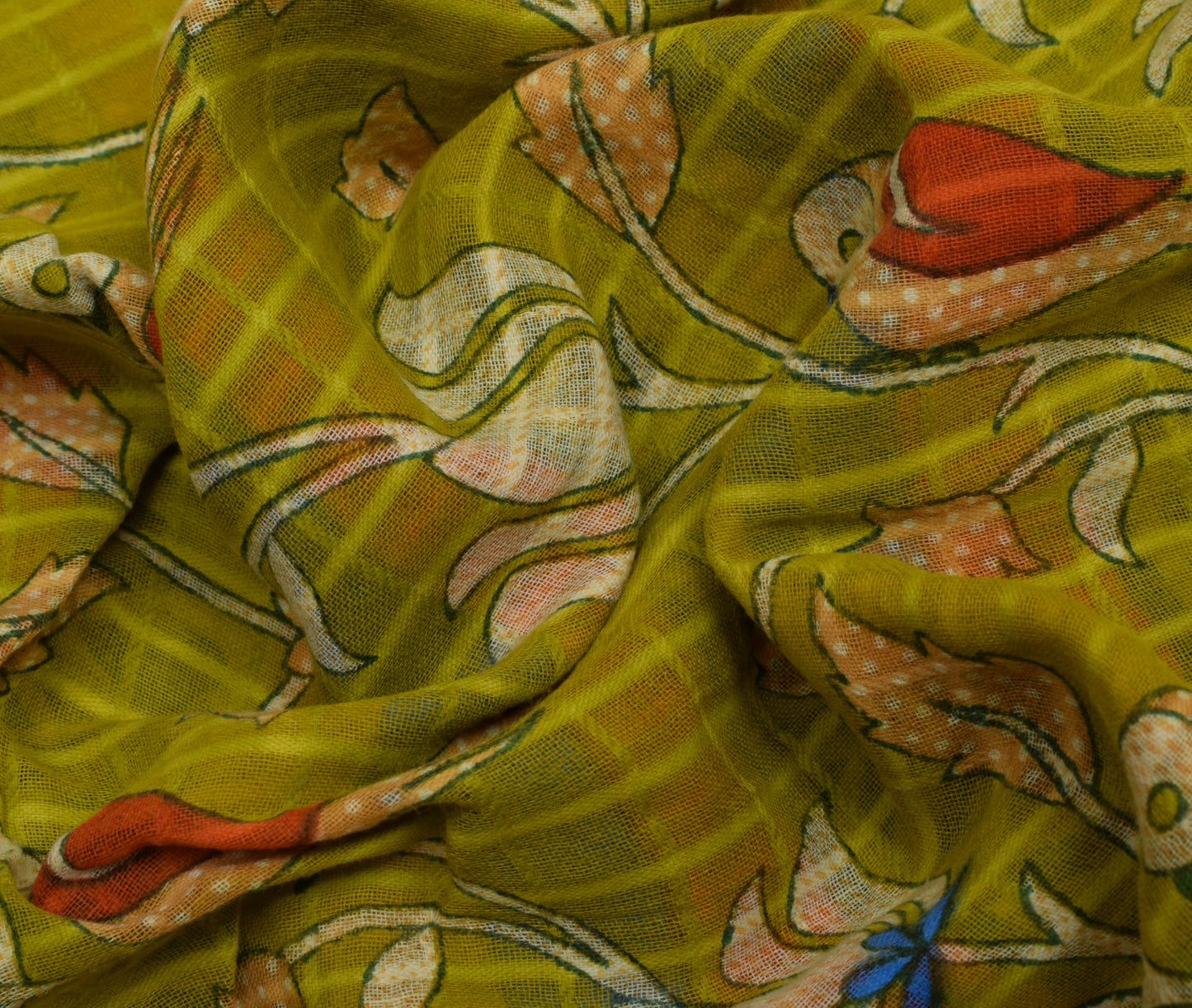 Sushila Vintage Green Saree 100% Pure Cotton Printed Birds Soft Craft Fabric