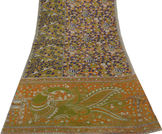 Sushila Vintage Green Saree 100%Pure Cotton Kalamkari Printed Floral Soft Fabric