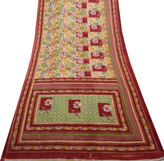 Sushila Vintage Cream Saree 100% Pure Cotton Printed Floral Soft Craft Fabric