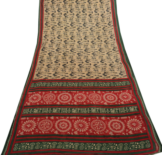 Sushila Vintage Brown Saree 100% Pure Cotton Printed Humans Soft Craft Fabric