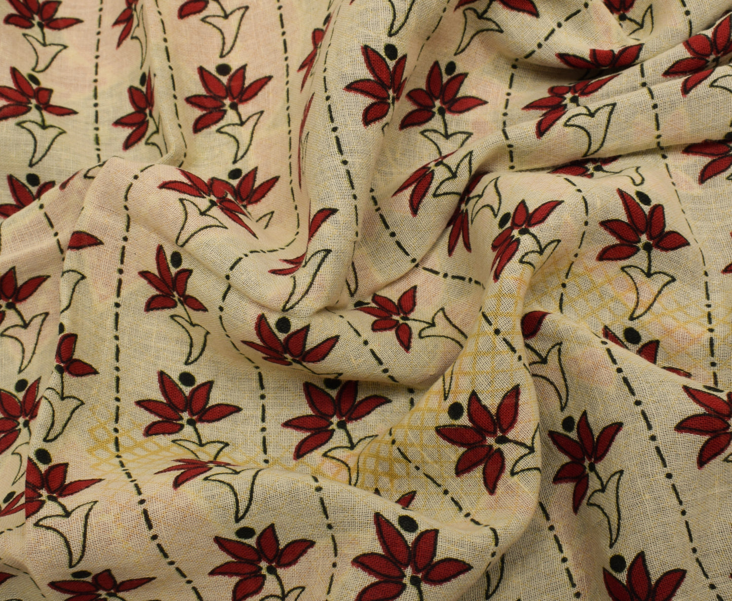 Sushila Vintage Cream Saree 100% Pure Cotton Printed Floral Soft Craft Fabric