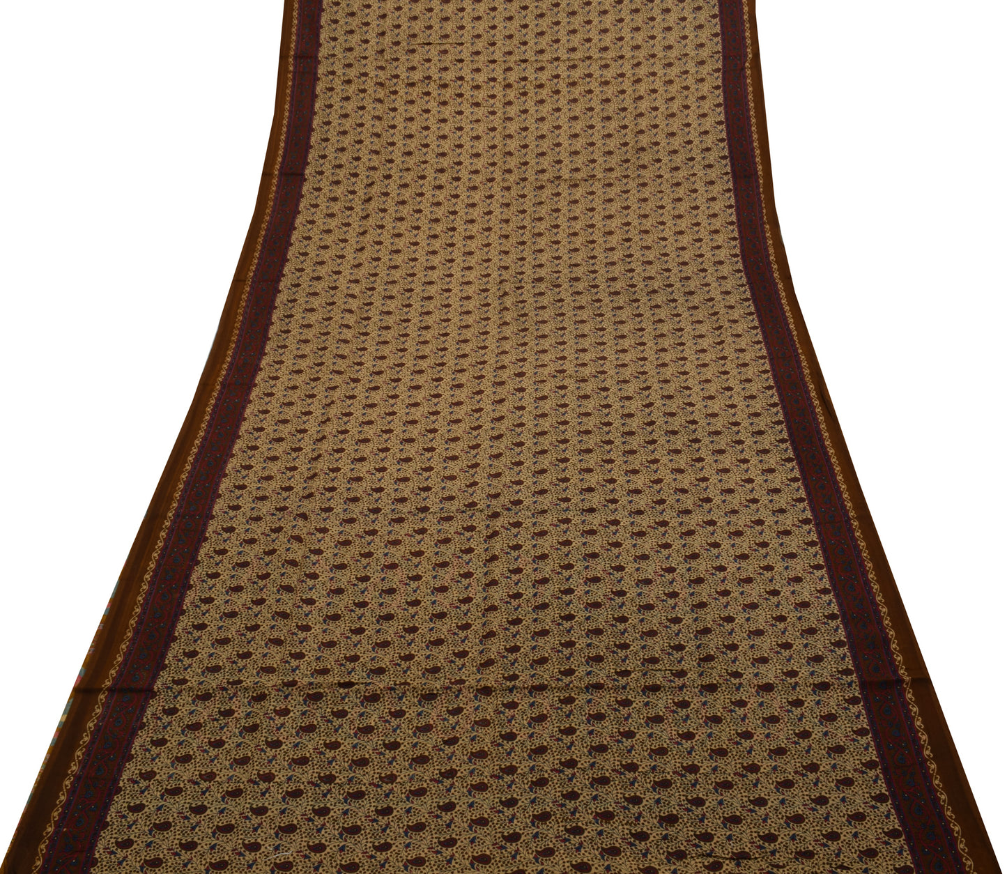 Sushila Vintage Brown Saree 100% Pure Silk Printed Paisley Soft Craft Fabric