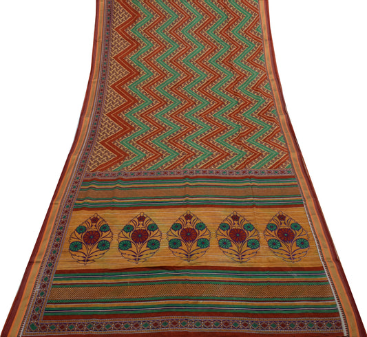 Sushila Vintage Multi-Color Saree Pure Cotton Printed Zig-Zag Soft Craft Fabric