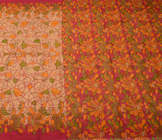 Sushila Vintage Cream Saree 100% Pure Cotton Printed 5 Yard Craft Sari Fabric