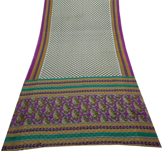 Sushila Vintage White Saree 100% Pure Cotton Printed Paisley Soft Craft Fabric