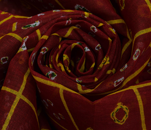Sushila Vintage Red Indian Saree 100% Pure Cotton Bandhani Printed Craft Fabric