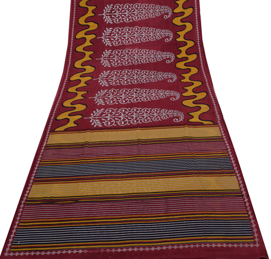 Sushila Vintage Maroon Saree 100% Pure Cotton Printed Floral Soft Craft Fabric